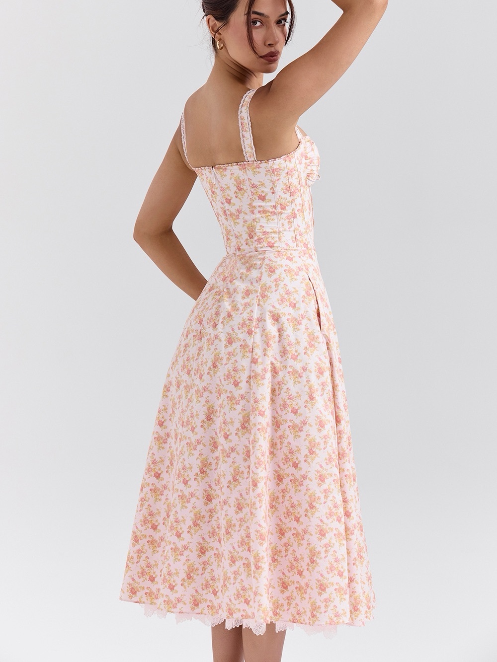 House of CB Pink Floral Midi Dress with Lace Straps - Picture 2 of 5
